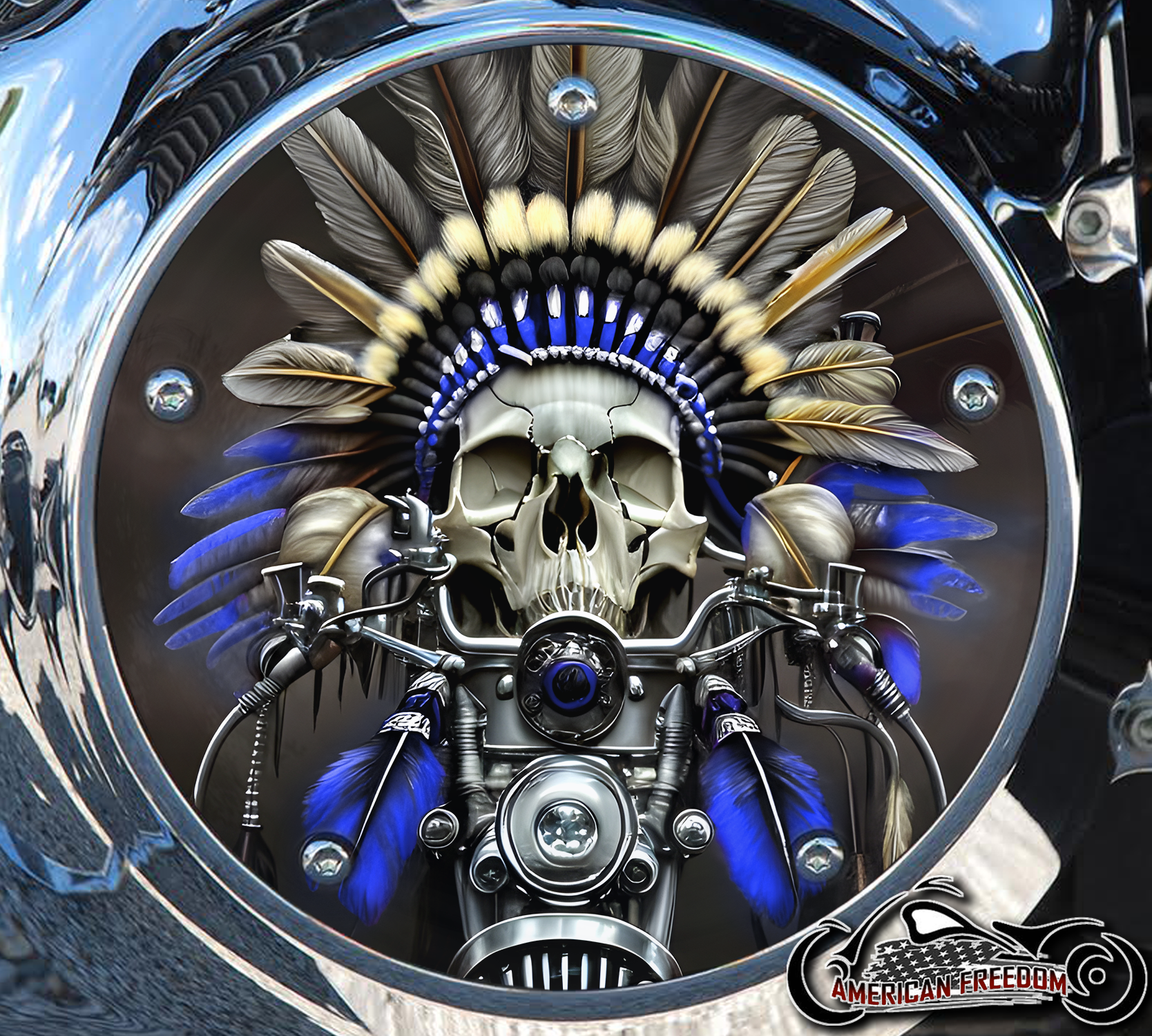 Custom Derby Cover - Native Skull Blue